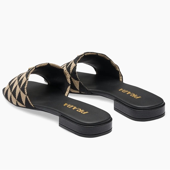 NWOB Prada Women's Embroidered Fabric Slides in Black/Beige - Picture 6 of 14